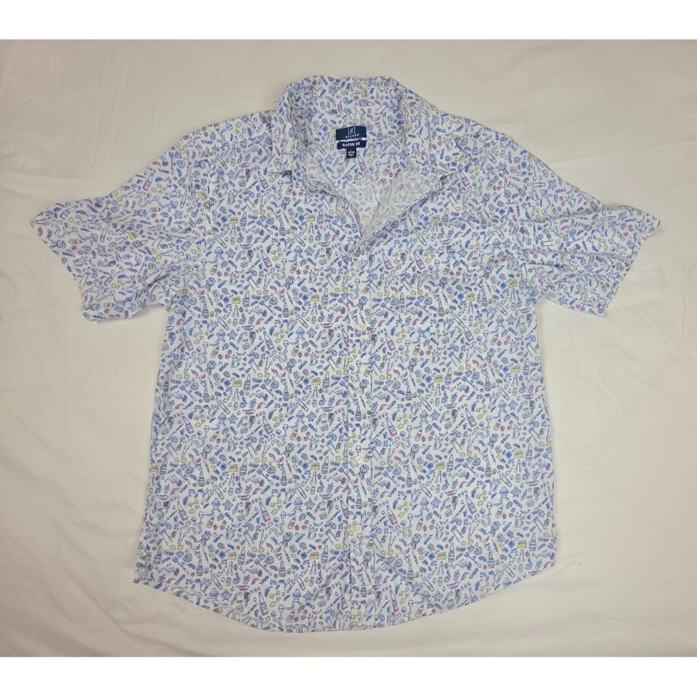 George Mens L BBQ Grill Novelty Print Shirt Short Sleeve Button Up Stretch